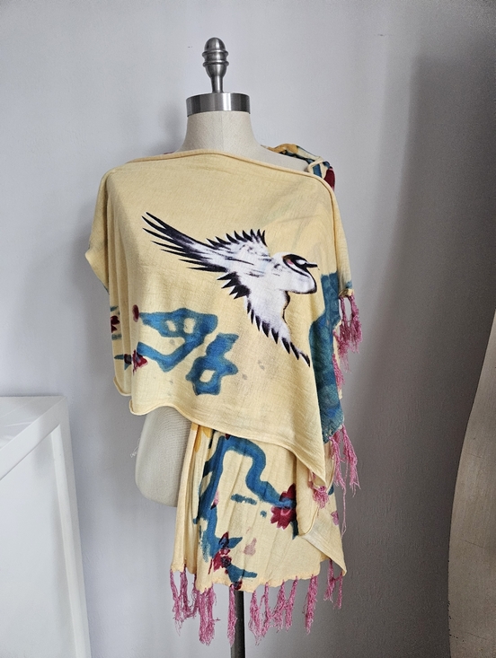 VTG LUCKY BRAND Yellow Abstract Bird Floral Pattern Fringe Scarf / Wrap | SZ 71 - Picture 2 of 6